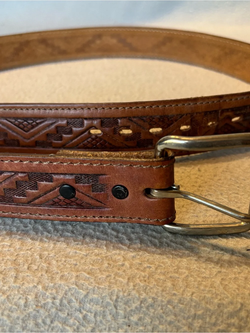 Men’s size 38 Brown Leather Embossed Brown Men’s Belt Geometric Navajo design